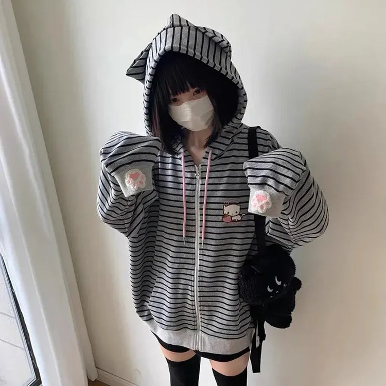 Cartoon Embroidery Women Hoodies Japanese Sweet Cute Cat Ears Striped Hooded Sweatshirts Harajuku Streetwear Loose Casual Coats