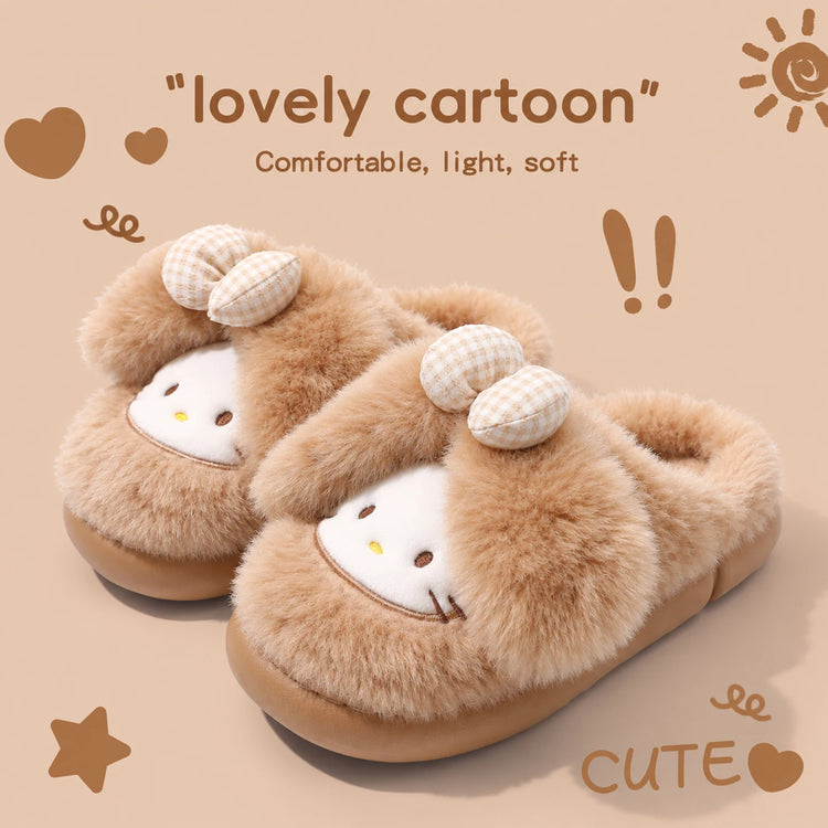 2026 Cute Bow Cat Cartoon Plush Slippers Women Men Winter Warm Thick Sole House Shoes Indoor Fuzzy Comfortable Soft Home Slides