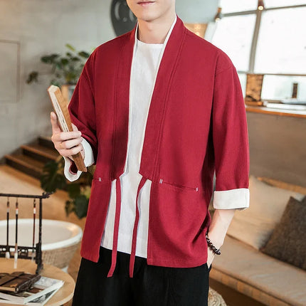 Nuova Camicia Uomo Kimono Giapponese in Cotone e Lino, T-shirt Comoda e Traspirante, Costume da Samurai Tradizionale, Camicia Casual Haori per Uomo