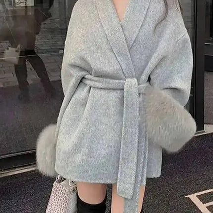 UCXQ Elegant Woolen Coat Temperament Office Lady Overcoats Fur Patchwork Long Sleeve Beautiful Women's Coats 2025 Winter New