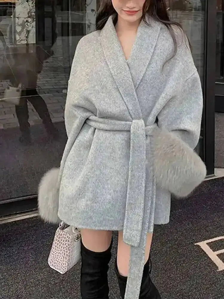 UCXQ Elegant Woolen Coat Temperament Office Lady Overcoats Fur Patchwork Long Sleeve Beautiful Women's Coats 2025 Winter New