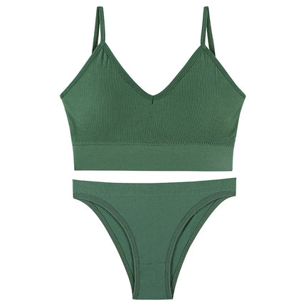 CINOON Women Seamless Ribbed Bra Set Wireless Deep V Bralette Top Panties Two Piece Lingerie Set Sport Fitness Underwear