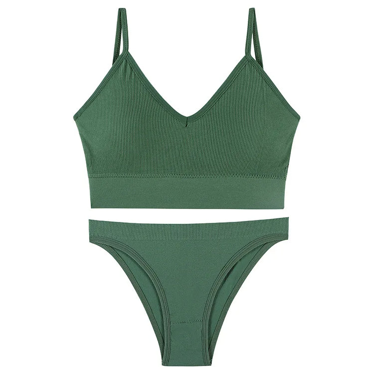 CINOON Women Seamless Ribbed Bra Set Wireless Deep V Bralette Top Panties Two Piece Lingerie Set Sport Fitness Underwear