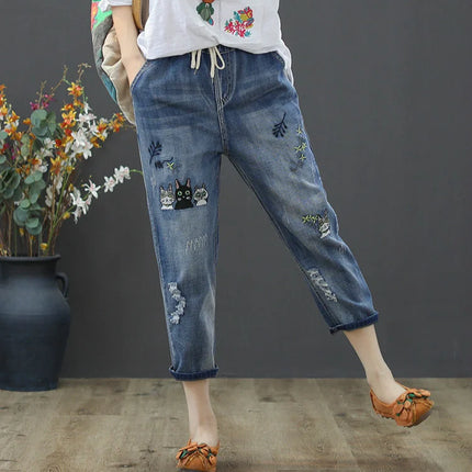 Amax luluE 2025 Moda Estate Streetwear Pantaloni in denim Donna Vintage Jeans elastici Donna Casual Allentato Ricamo Pantaloni Harem