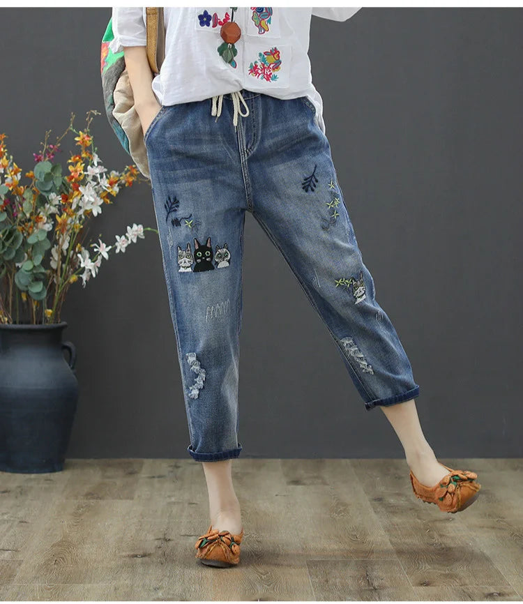 Amax luluE 2025 Moda Estate Streetwear Pantaloni in denim Donna Vintage Jeans elastici Donna Casual Allentato Ricamo Pantaloni Harem