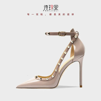 Sandali da donna primavera estate con rivetti Scarpe singole da donna con punta coperta e tacco alto Scarpe eleganti eleganti con cinturino alla caviglia platinumshop