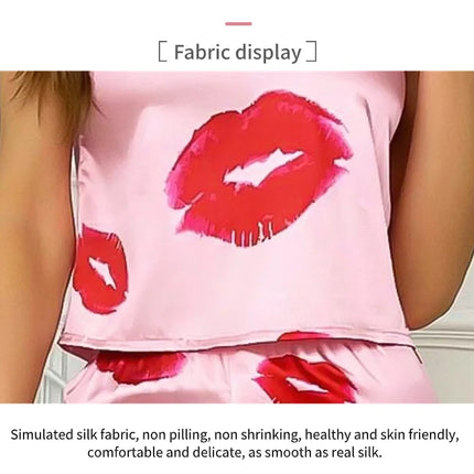 Pigiama da donna in raso con stampa labbra Top Cami con scollo a v e pantaloni elastici per le donne pigiama comodo sonno e abbigliamento da casa