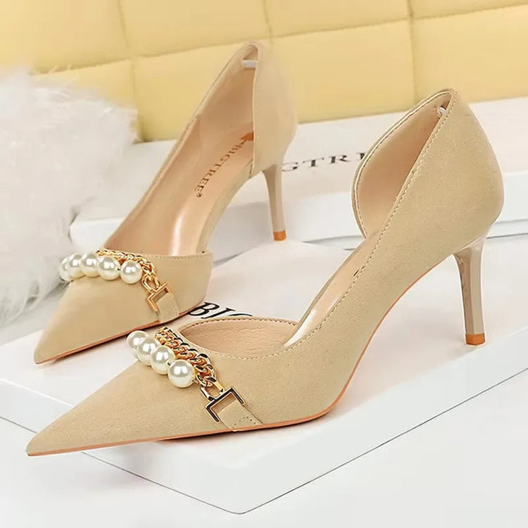 BIGTREE Scarpe 2026 Primavera Donna Pompe Catena di metallo perlato Tacchi alti Grana a quadri Tacchi a spillo Tacchi da donna Scarpe da banchetto di lusso 43 platinumshop