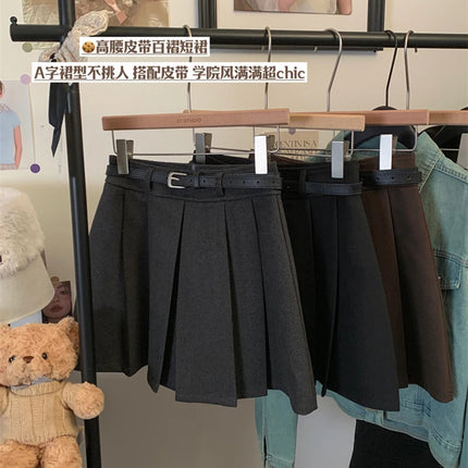MEXZT Streetwear Woolen Mini Skirt Women Fashion Harajuku with Belt Black Pleated Skirts Fall Winter Preppy Korean A Line Faldas PlatiNum