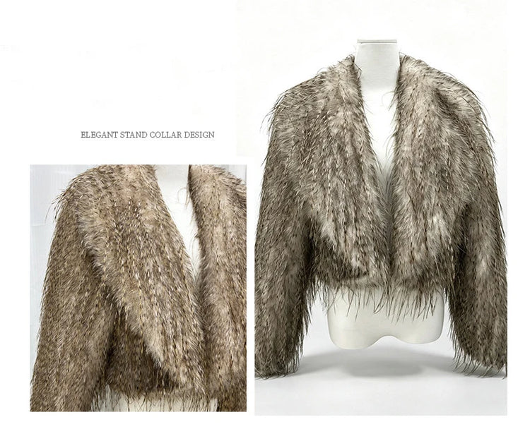 ZADORIN Elegant Big Collar Faux Canary Feathers Fluffy Faux Fur Coat Woman Cropped Fur Jacket Cardigan Winter Clothes Fur Tops