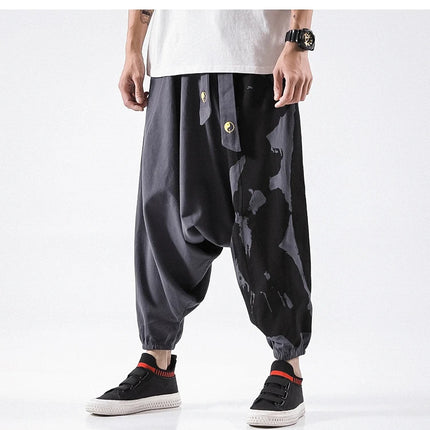 Pantaloni alla moda da uomo Samurai giapponese Ukiyo-e Cintura con stampa Pantaloni stile harem da uomo in cotone e lino Casual Oversize Harajuku Pantaloni a gamba larga da uomo