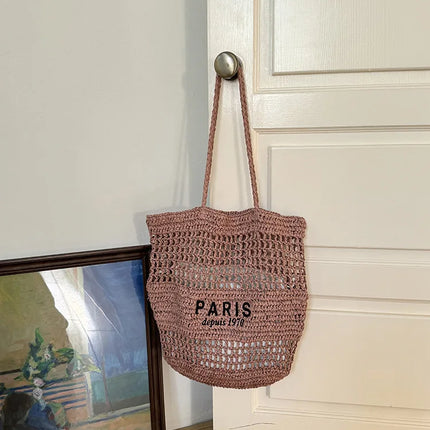 Hylhexyr Women's Letter Embroidered Shoulder Bag Woven Straw Bag Large Capacity Empty Holiday Beach Bags