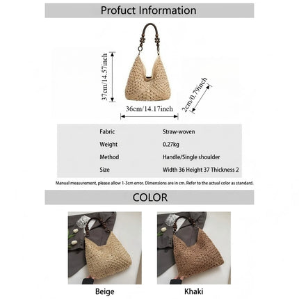 Women's Woven Straw Tote Bag Large Capacity, Summer Beach Vacation Bag, Fashionable Shoulder Bag for Commuting