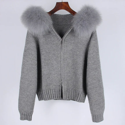 OFTBUY Real Fox Fur Kintwear Women New Spring Autumn Hooded Sweater Female Loose Zipper Kintted Jacket Oversized Cardigan