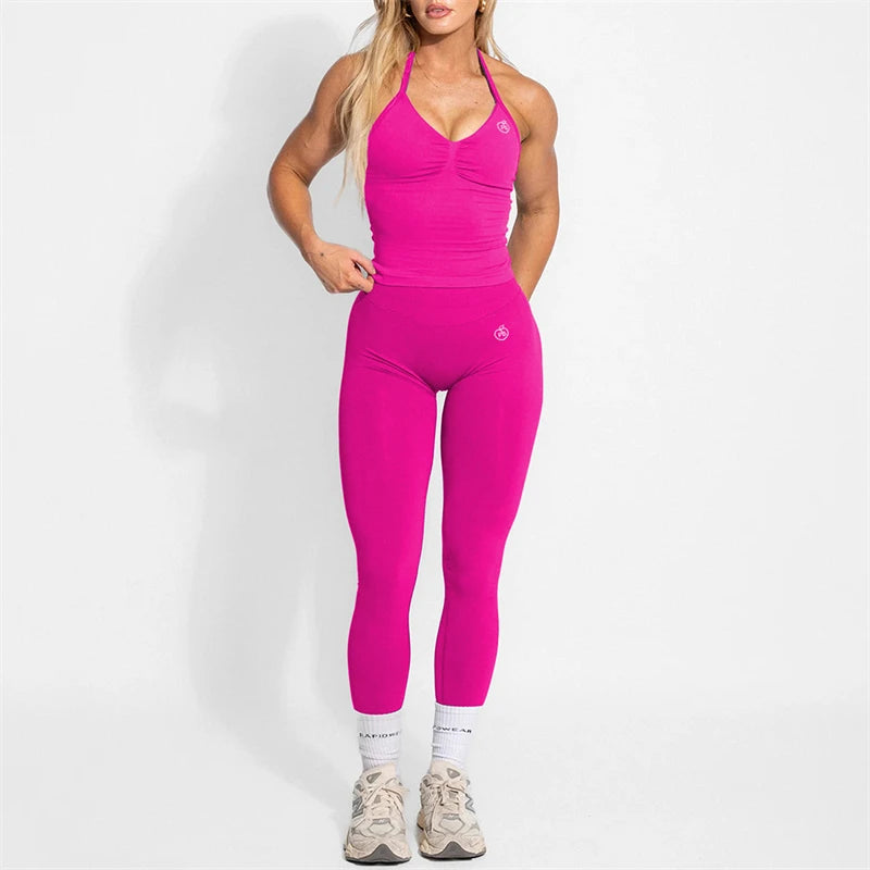 Women's Yoga Set Bum Balance Fitted Halter Tops & Shaping Pants 2pcs Yoga Sportwear Workout Gym Clothing High Waist Leggings Set