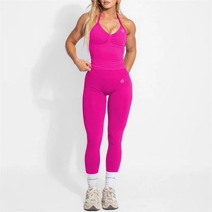 Women's Yoga Set Bum Balance Fitted Halter Tops & Shaping Pants 2pcs Yoga Sportwear Workout Gym Clothing High Waist Leggings Set