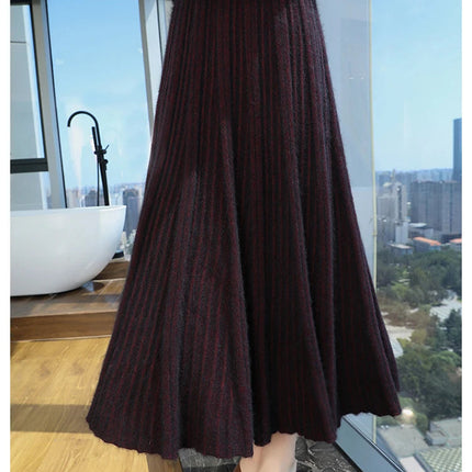 100% Pure Mink Pleated Skirts Women's Elastic High Waist Knitted Dress Fashion Joker Loose Big Swing Skirt Thick Umbrella Skirt PlatiNum