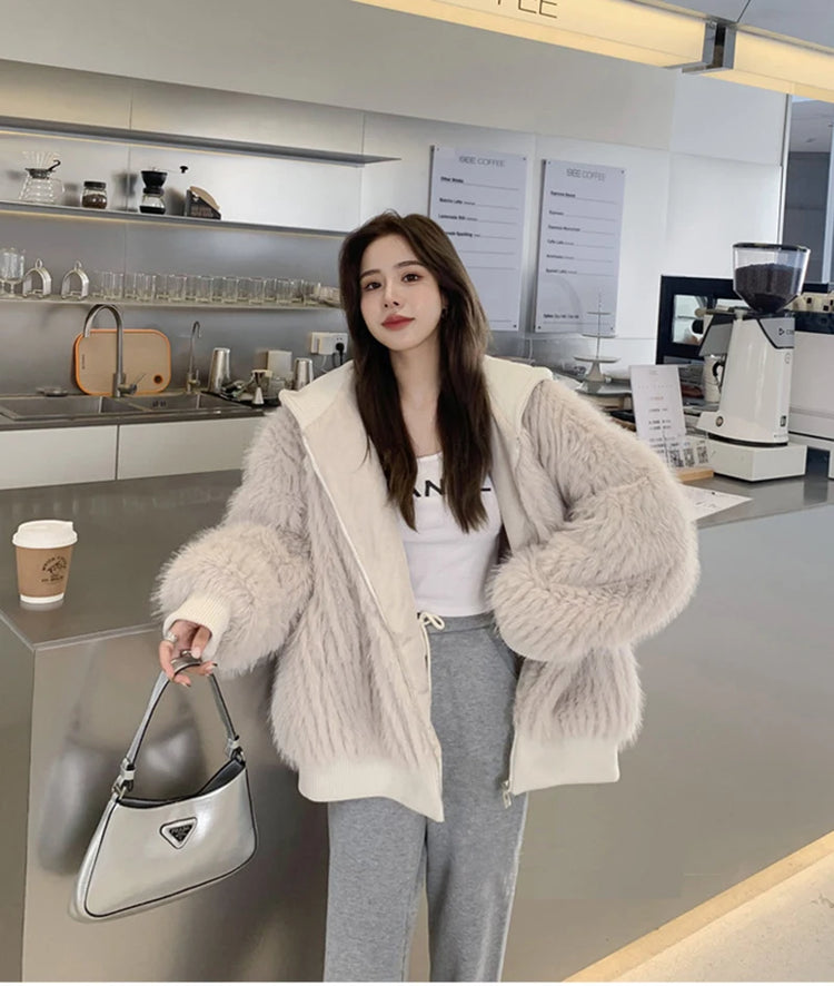 ZADORIN New Luxury Brands Trimmed Faux Fur Jacket Woman Fashion Hooded Casual Oversized Puffy Fox Fur Faux Coat Winter Clothes