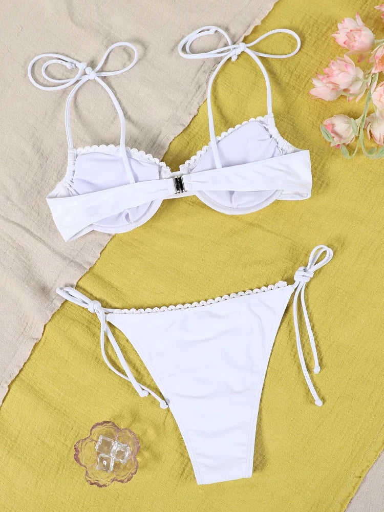 Costume da bagno da donna bianco, bikini a stringhe, vita bassa, push-up, micro bikini due pezzi platinumshop