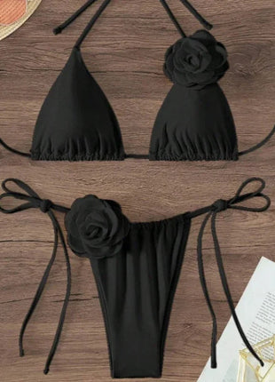Bikini Sexy con Fiori 3D e Lacci Sulla Schiena, Costume da Bagno Femminile Due Pezzi, Set Bikini, Abbigliamento da Spiaggia, Taglie S-L PlatiNum