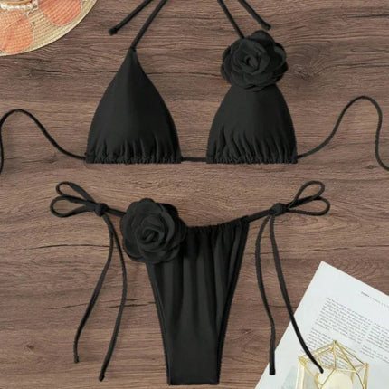 Bikini Sexy con Fiori 3D e Lacci Sulla Schiena, Costume da Bagno Femminile Due Pezzi, Set Bikini, Abbigliamento da Spiaggia, Taglie S-L PlatiNum