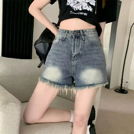 Women's retro vintage high waisted denim shorts thin casual summer with fringed edges slim and spicy A-line wide leg hot pants PlatiNum