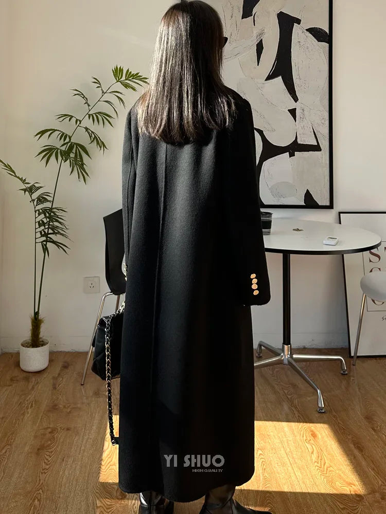 High-end Thick Double-sided Wool Coat Female Fashion Long  Autumn Winter Lapel Double Breasted Wool Coat Women Loose Outerwear
