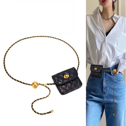 Women's Leather Slanting Belt Bag Detachable Adjustable Chain Strap Shoulder Bag Fashion Wallet Hanging Pouch Belt Bag PlatiNum