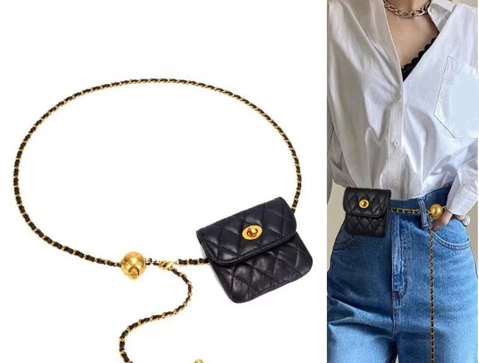 Women's Leather Slanting Belt Bag Detachable Adjustable Chain Strap Shoulder Bag Fashion Wallet Hanging Pouch Belt Bag PlatiNum