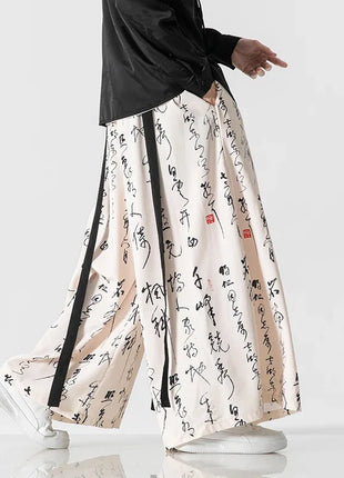 Pantaloni a gamba larga da uomo Ukiyo-e Stampa Pantaloni larghi in vita elastica Uomo Streetwear Giappone Samurai Pantaloni casual Pantaloni lunghi vintage
