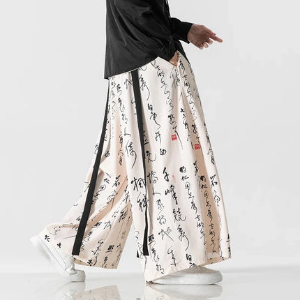 Pantaloni a gamba larga da uomo Ukiyo-e Stampa Pantaloni larghi in vita elastica Uomo Streetwear Giappone Samurai Pantaloni casual Pantaloni lunghi vintage