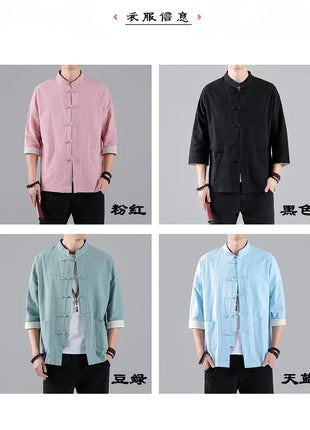 Camicie in Stile Cinese per Uomo, Top Tradizionale Tang in Lino a Mezza Manica, Camicia Kung Fu Hanfu Vintage Casual, Taglie Grandi fino a 5XL
