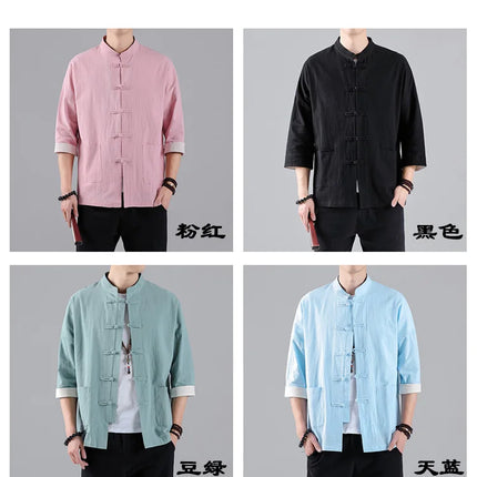 Camicie in Stile Cinese per Uomo, Top Tradizionale Tang in Lino a Mezza Manica, Camicia Kung Fu Hanfu Vintage Casual, Taglie Grandi fino a 5XL