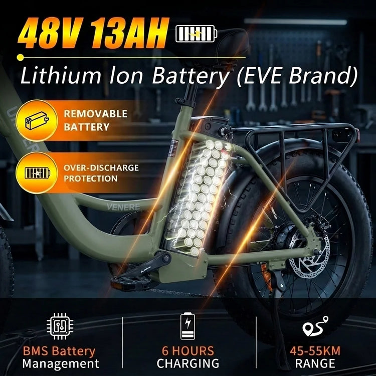 UNIVERCYCLE VENERE Bici elettrica, motore 500W potente 25 km/h, 48V 13Ah, freni idraulici, pneumatici larghi 20×4 pollici, lunga autonomia 45-55 km, per adulti