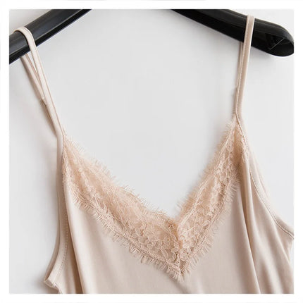 Abbigliamento primavera/autunno da donna 23% seta di gelso naturale allentato scollo a V pizzo slip camicia da notte tinta unita sexy abito base lavorato a maglia