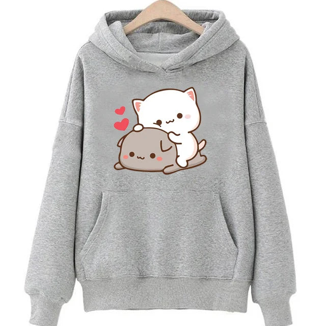 Peach And Goma Mochi Cat Love Print hoodies women Winter  streetwear funny Hood female Fleece sweater
