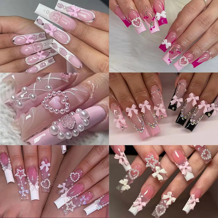 1 Box Pink White Series Bow Heart Nail Charms 3D Arcylic Nail Art Decorations Pearl 5-petal Flower Jewelry Manicure Accessories*