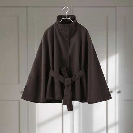 Faux Fur Cloak Jackets Women Loose Standneck Three Button Wide Sleeves Belt Coats Female 2026 Autumn Solid Chic Fashion Outwears