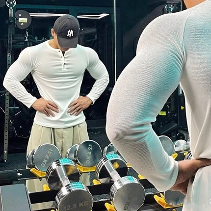 Men Sports High-Elastic Fitness Long Sleeve T-Shirt 2025 Autumn New Slim Fit Henley Collar Tshirt Men Streetwear Casual T-Shirt PlatiNum