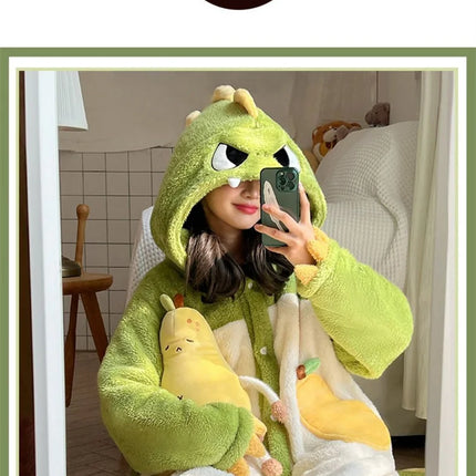 Cartoon Animal Fox Pajamas Women's Winter Coral Fleece Thickened One-Piece Plush Cute Long Hooded Plus Size Robe Home Wear