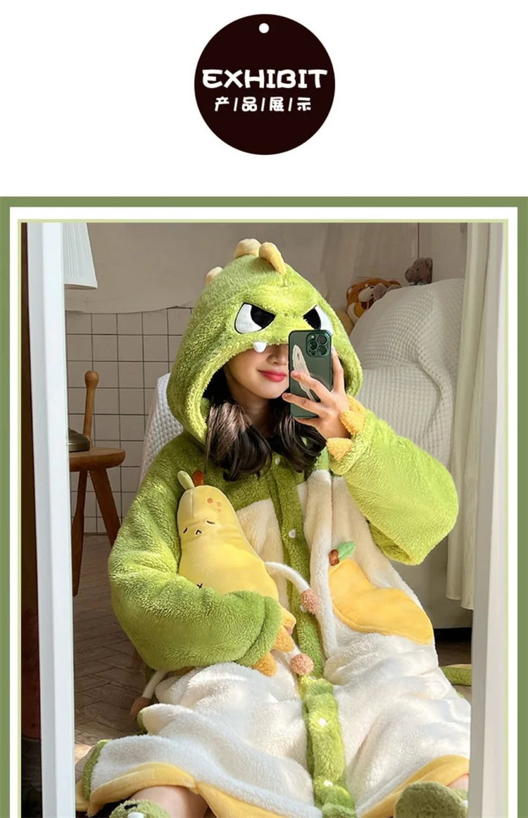 Cartoon Animal Fox Pajamas Women's Winter Coral Fleece Thickened One-Piece Plush Cute Long Hooded Plus Size Robe Home Wear