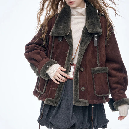 ELFSACK Women's Vintage Suede Plush Winter Coat 2025, Loose Turn-Down Collar Blend Jacket, Casual Versatile Outerwear