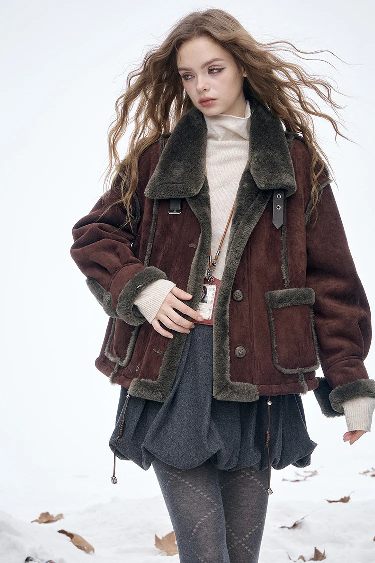 ELFSACK Women's Vintage Suede Plush Winter Coat 2025, Loose Turn-Down Collar Blend Jacket, Casual Versatile Outerwear