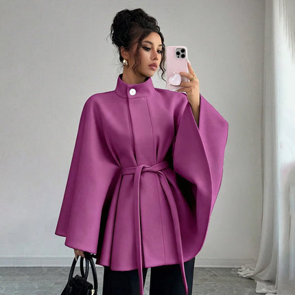 Elegant Women's Woolen Coat Autumn Winter Stand up Collar Cape Style Design Tie Waist Atmospheric Fashionable Ladies Outerwear