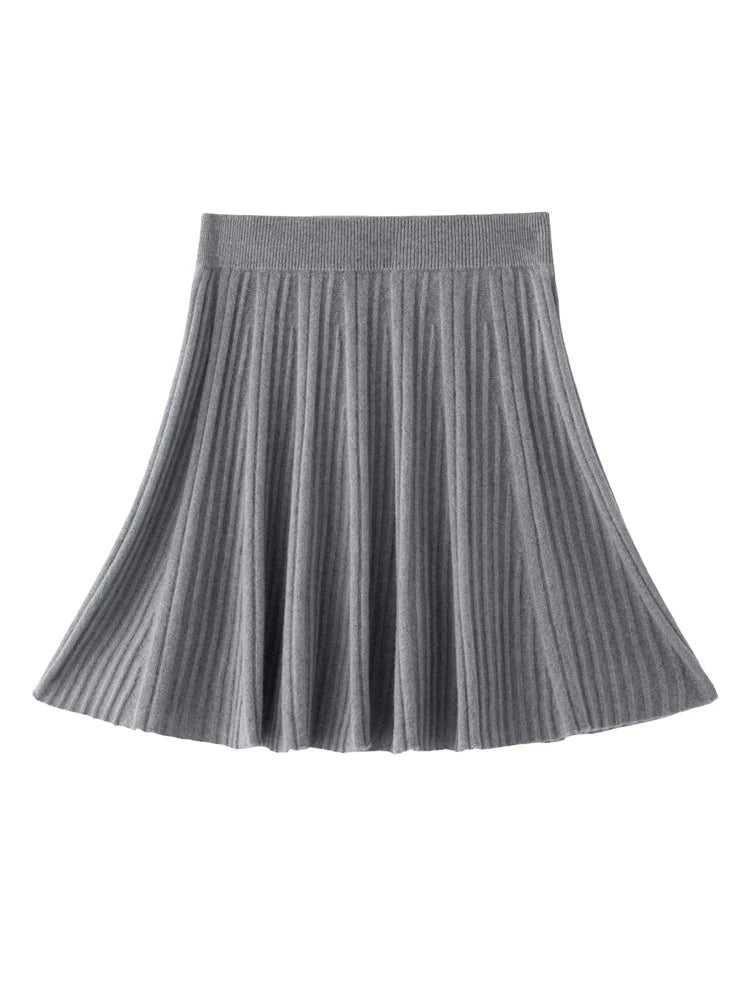 CHICUU Women's A-line Pleated Skirt 100% Cashmere Knit Mini Skirt Autumn Winter Preppy Style Above Knee Skirt Cashmere Knitwear PlatiNum