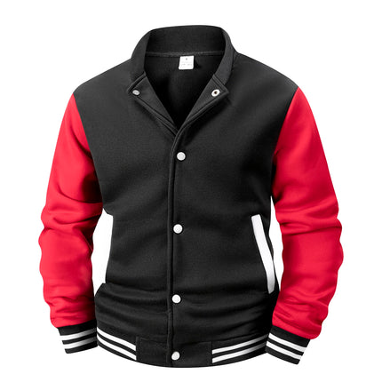 Men's Fleece-Lined Varsity Jacket Autumn Winter Warm Color Block Baseball Jacket Button Front & Striped Cuffs Retro Casual Coat