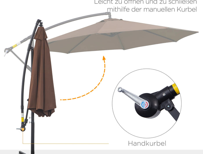 Weather-resistant crank parasol 3 m x 3 m x 2.5 m in steel and coffee-coloured polyester
