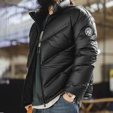 Maden Men's 90% White Duck Down Jacket Black Stand Collar Short Quilted Puffer Jacket Thermal Coat for Winter Streetwear