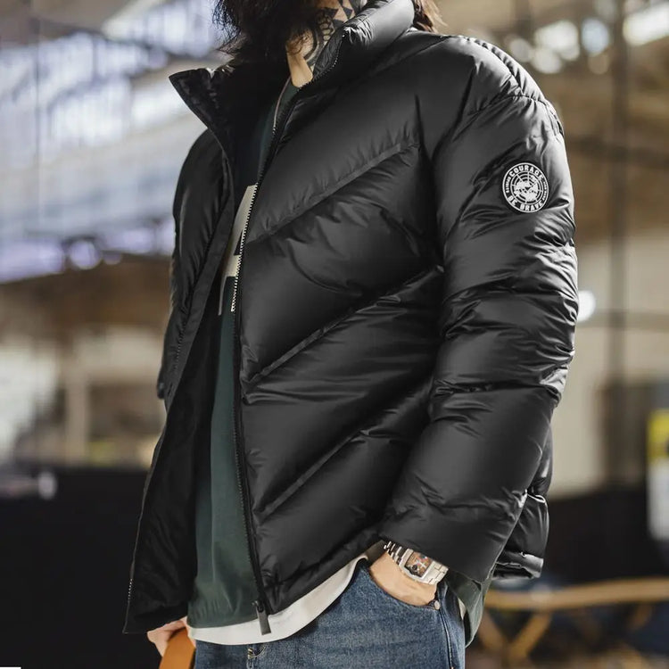 Maden Men's 90% White Duck Down Jacket Black Stand Collar Short Quilted Puffer Jacket Thermal Coat for Winter Streetwear
