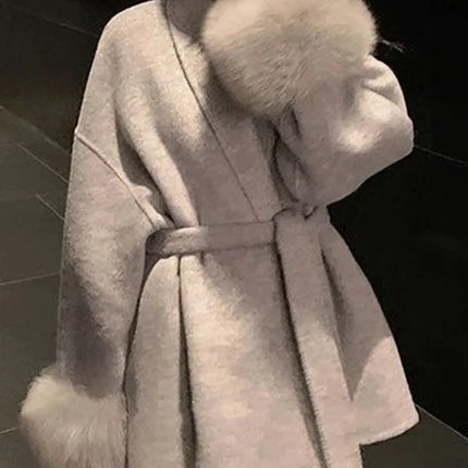 Elegant OL Office Lady Overcoats Fur Patchwork Long Sleeve Woolen Coat Beautiful Women's Clothing Jacket Autumn 2025 Spring